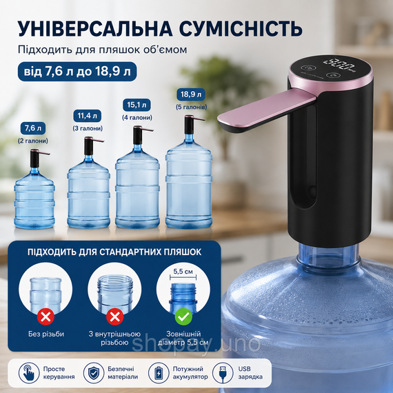 Сенсорный электрический насос для бутылированной воды / Аккумуляторный насос для воды / Диспенсер для воды на USB | Зображення 3