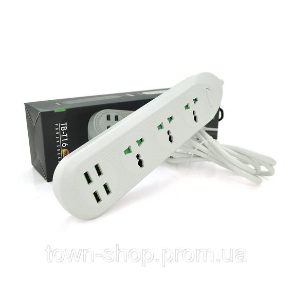 Сетевой фильтр ТВ-Т16mini, 3 розетки + 4 USB, 2 м, сечение 3х0,75мм, 3000W, White, Box