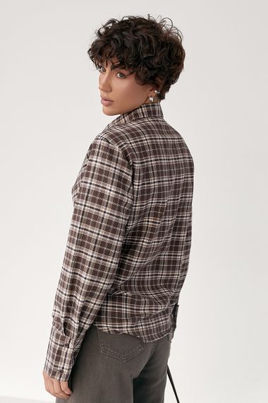 Сорочка в клітинку з акцентом на талію - коричневий цвет, L (є розміри) | Зображення 1