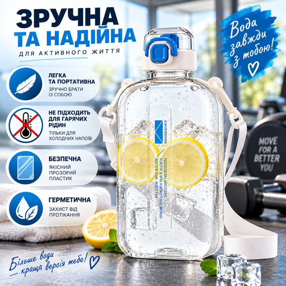 Спортивна пляшка для води SPORT 750 мл з ремінцем — багаторазова BPA-free пластикова пляшка з герметичною кришкою, бежево-синя | Зображення 2