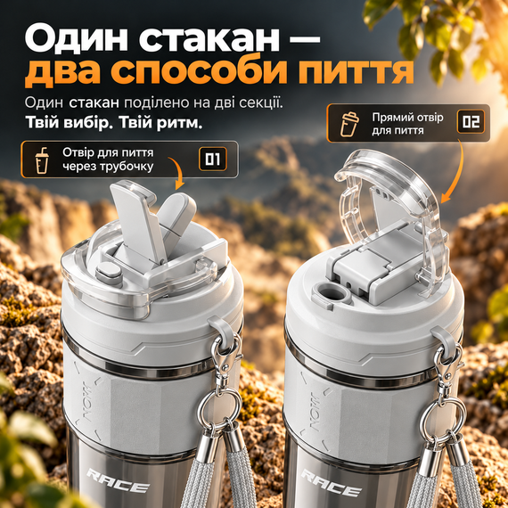 Термочашка RACE 650 мл серая с трубочкой, герметичной крышкой и ремешком, дорожная термокружка для кофе и чая | Зображення 5