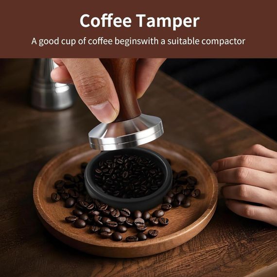 Темпер для трамбовки кофе 51 мм из нержавеющей стали с деревянной ручкой и силиконовым ковриком, нескользящий | Зображення 3