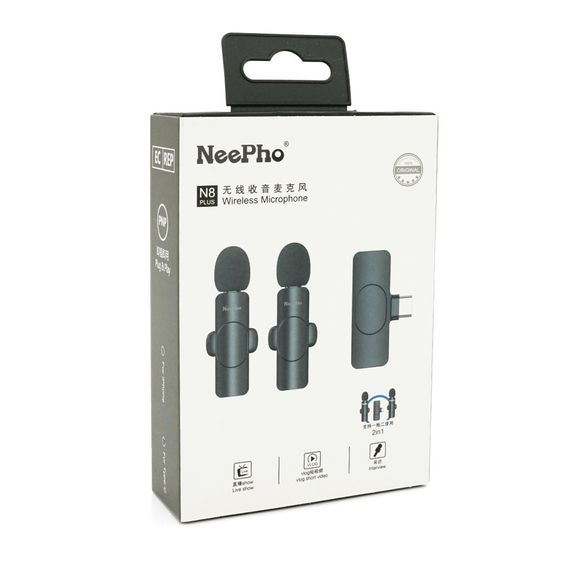 Петличний бездротовий мікрофон NeePho N8+(2шт), роз'єм Type-C, вбудований акумулятор 80 mAh, Black, Box | Зображення 1