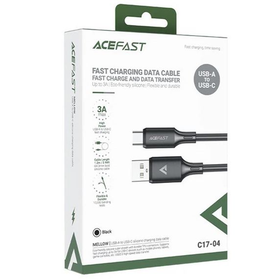 Дата кабель Acefast C17-04 USB to Type-C 3A (1.2m) Black | Зображення 1