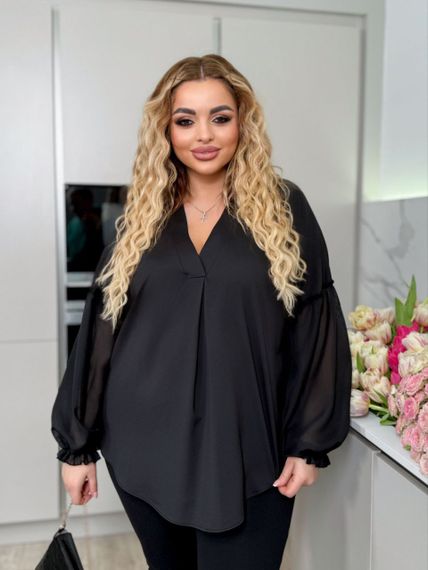 Женская легкая удлиненная свободная блуза больших и батальных размеров софт LU011, цвет черный, размер 48/50