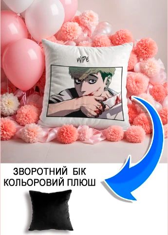 Подушка плюшева Мерч Крафт Дизайн з принтом аніме вбити сталкера чорний плюш квадратна 33х33 см