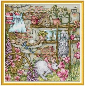 Набор для вышивания по нанесённой на канву схеме "Rabbit's Garden". AIDA 14CT printed 43*44 см