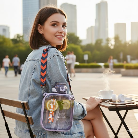 Спортивная бутылка для воды TKK Sport 1600 мл из Тритана (BPA Free), фиолетовая квадратная бутылка с трубочкой и ремешком | Зображення 5