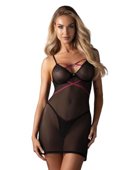Пеньюар Obsessive Novenes chemise & thong, XL/2XL, облегающий, прозрачный, со стрепами, стринги в ко sexstyle