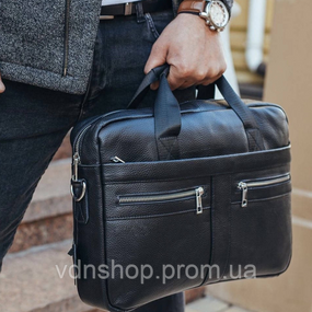 Шкіряна чоловіча сумка для ноутбука та документів чорна 39x28x8,  портфель для паперів, чорний