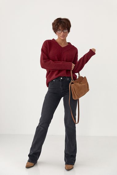 В'язаний однотонний пуловер вільного фасону - темно-червоний цвет, ONE SIZE (є розміри) | Зображення 2