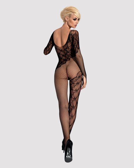 Бодістокінг Obsessive Bodystocking F210 S/M/L black, рукава-мітенки, сітка, кольорове мереживо | Зображення 4