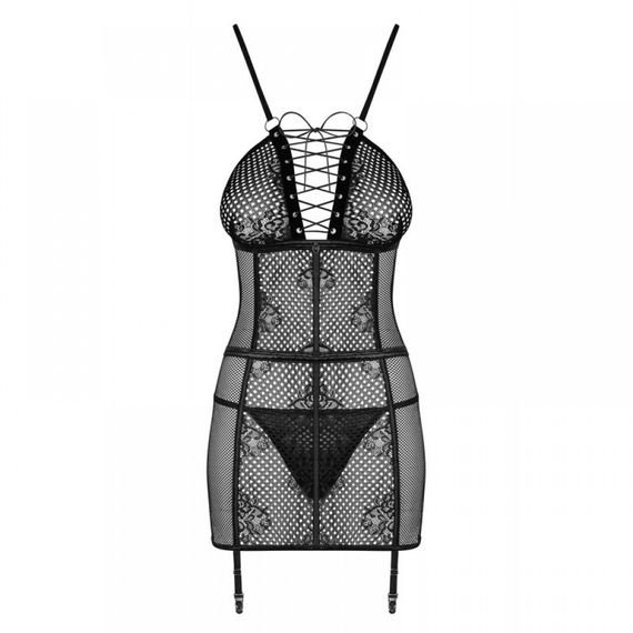 Пеньюар в сіточку Obsessive Basitta зі шнурівкою, стрінги в комплекті, чорний, L/XL | Зображення 4