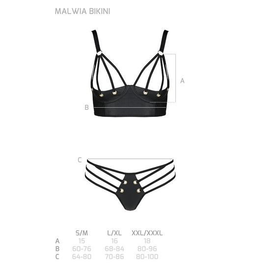 Комплект з екошкіри з люверсами та ремінцями Malwia Bikini black S/M — Passion, бра та трусики | Зображення 4