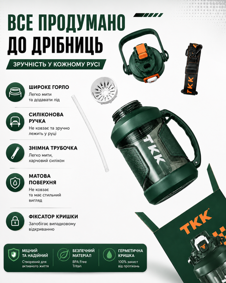 Спортивная бутылка TKK (2000 мл) - Зеленый матовый Tritan BPA-free, с эргономичной ручкой и клапаном | Зображення 9