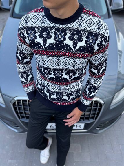 Мужской новогодний свитер с оленями низкий воротник PA2658 цвет синий, размер XL