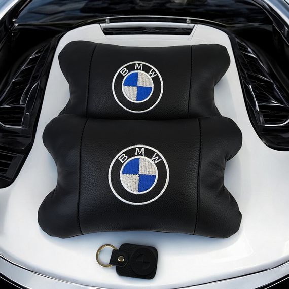 Авто подушки 2 шт — набор BMW из натуральной кожи, на подголовник в машину, Автомобильная подушка БМВ | Зображення 5