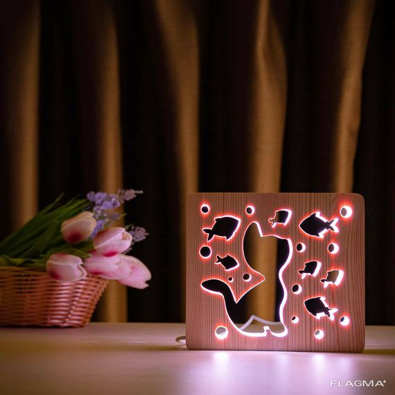 Светильник ночник ArtEco Light из дерева LED "Кот и рыбки" с пультом и регулировкой... | Зображення 2