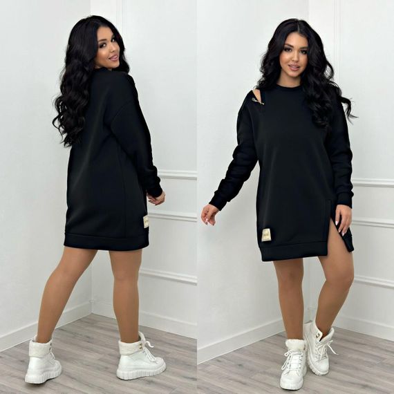 Женское теплое платье-туника с разрезом и булавкой на плече GF08577 цвет черный, размер 50/52 | Зображення 2