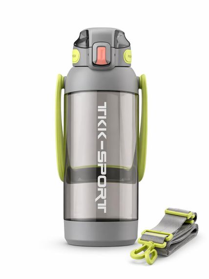 Бутылка для воды TKK 1400 мл (1,4 л) Tritan, с мерной шкалой, соломинкой и ремешком, серая | Зображення 1