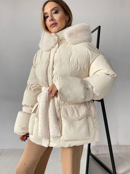 Пуховик з опушкою та капюшоном Cresh Puffer, молочний S-M | Зображення 8