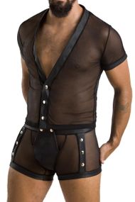 Комплект сетчатого мужского белья Passion 052 SET MICHAEL XXL/XXXL black, рубашка, боксеры, заклепки Sex Aura