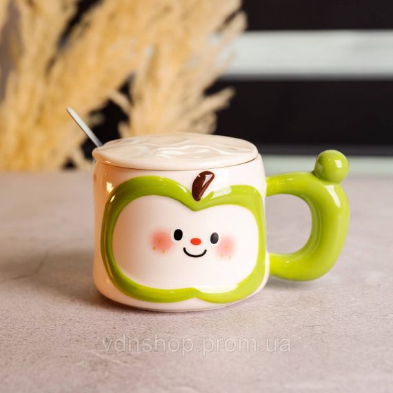 Чашка фарфоровая 400 (мл) с крышкой и ложкой, оригинальная кружка на подарок чашка для детей Зеленый FM-25A | Зображення 1