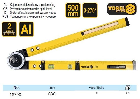 Кутомір регулювальний алюмінієвий : l=630 мм, кут 0-270°, діапаз. 0-500 мм, 2 капсули + олівець VOREL-18790