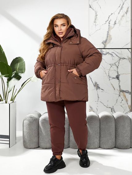 Женская теплая зимняя куртка на кулиске с капюшоном NB24035 цвет коричневый размер 54/56 | Зображення 6