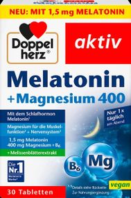 Doppelherz Melatonin + Magnesium 400 + B6 + екстракт меліси – для сну, нервової системи та м’язів, 30 шт., Німеччина