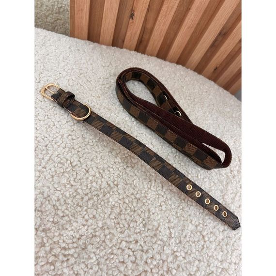 Брендовый ошейник и поводок для собак LOUIS VUITTON Эко кожа, расцветка квадратами, коричневый | Зображення 1