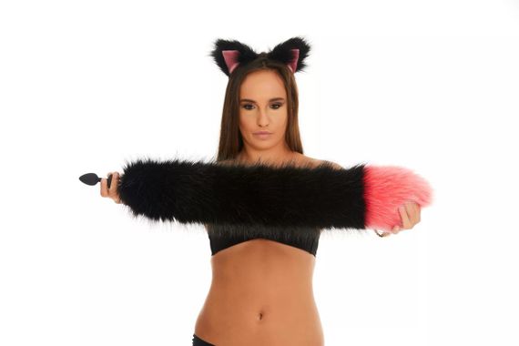 Анальний хутряний хвіст без пробки, Чорний з яскраво-рожевим кінчиком, OKOVA 60 см. Sex Aura | Зображення 2