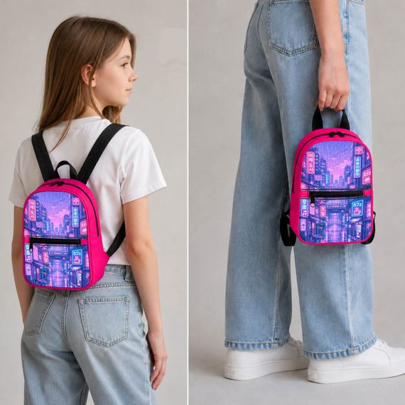 Дитячий міні-рюкзак рожевий з принтом Неонове місто для дівчинки 28×24×10 см міні-сумка дитяча (5355) | Зображення 2