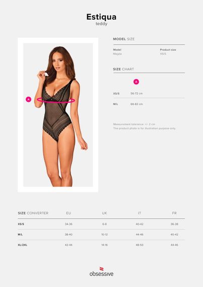 Мереживне боді з декольте Obsessive Estiqua teddy, чорне, широкі лямки, M/L | Зображення 6