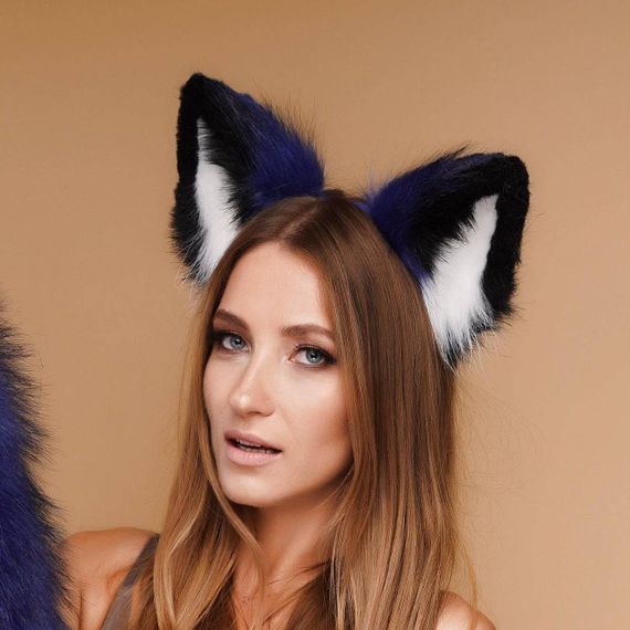 Хутряні вушка кішки триколірні: Синій, чорний, білий OKOVA Sex Aura