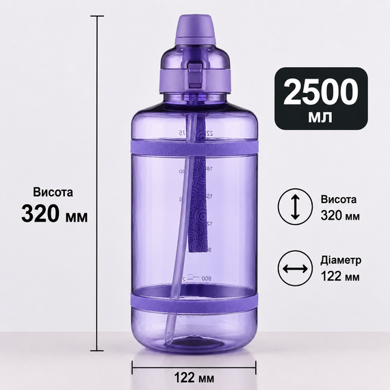 Спортивная бутылка для воды 2500 мл из тритана с соломинкой, Фиолетовая - Ударопрочная и без BPA | Зображення 6