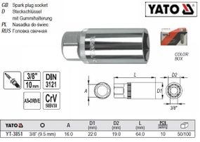 Головка свічкова 3/8" М16х64 мм свічкова Польща YATO YT-3851