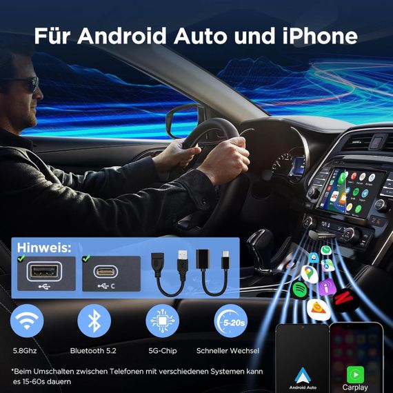 Автомобільний бездротовий адаптер DYUZO 2-в-1 для CarPlay і Android Auto, з позолоченим мідним інтерфейсом, USB-A/USB-C | Зображення 3