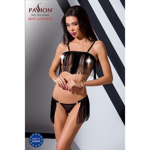 Комплект білизни KASSANDRA SET OpenBra black L/XL - Passion Exclusive: ліф з бахромою, трусики-спідн | Зображення 3