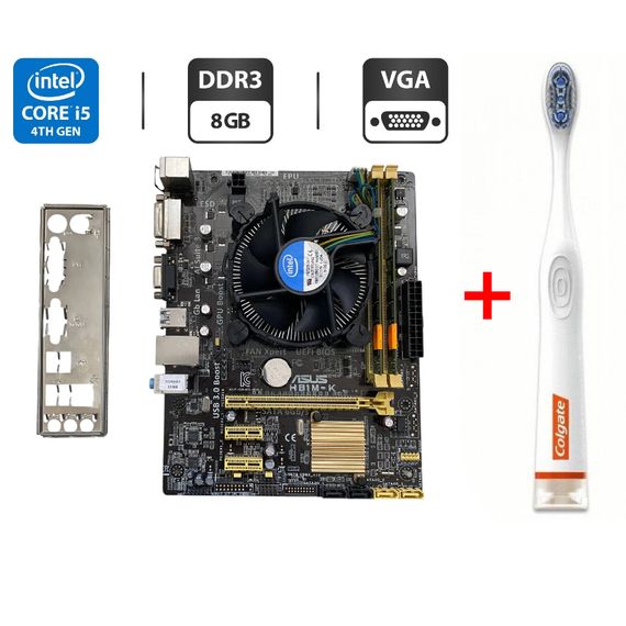 Комплект: материнська плата Asus H81M-K / Intel Core i5-4570 (4 ядра по 3.2 - 3.6 GHz) / 8GB DDR3 / Intel HD Graphics 4600 / Socket LGA1150 / Кулер BOX б/в + Подарунок Розумна інтерактивна зубна щітка Colgate Connect M1 / Bluetooth