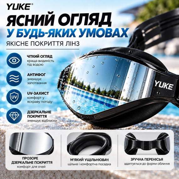 Набір для плавання YUKE: дзеркальні окуляри Anti-Fog із силіконовою шапочкою, чорні з чорним ремінцем | Зображення 4