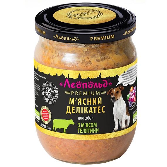 ЛЕОПОЛЬД М'ясні делікатеси з м'ясом телятини для собак, скляна банка 500 г (6шт/уп)