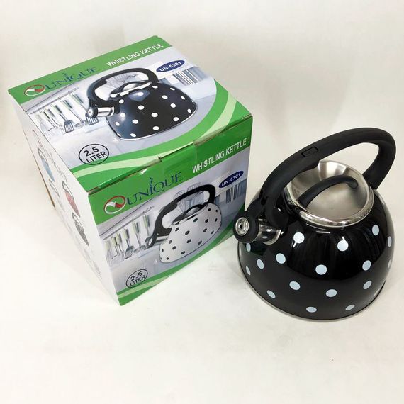 Чайник с свистком для газовой плиты Unique UN-5301 2,5л горошек, красивый чайник. Цвет: черный | Зображення 3