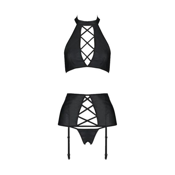 Комплект из экокожи Passion NANCY SET 4XL/5XL black, имитация шнуровки, топ, пояс для чулок | Зображення 2