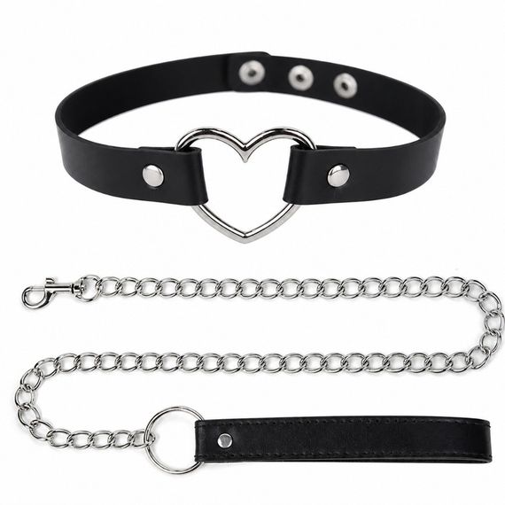 Ошейник с металлическим сердцем DS Fetish, с поводком, чёрный Sex Aura