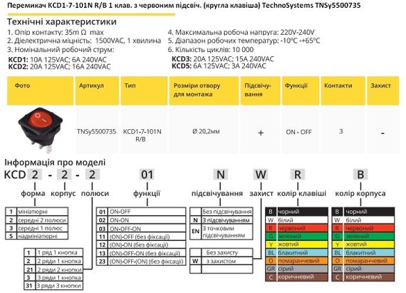 Перемикач KCD1-7-101N R/B 1 клавіша червоний кругла з підсвічуванням Ny95500735 | Зображення 1