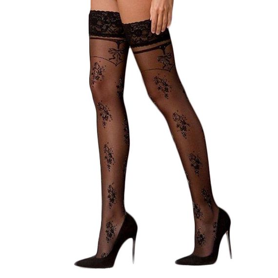 Панчохи Passion ST119 чорні, на ажурній силіконовій резинці, з квітковим декором та люрексовою н, 1/2