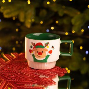 Новогодняя фарфоровая Новогодний олень 400 (мл) Белая с зеленым Yiwu FM-CS-50O