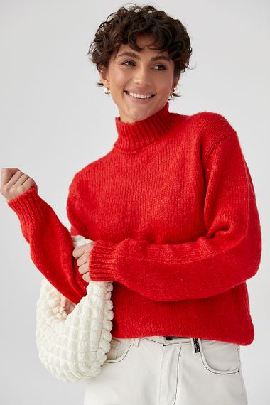 Короткий светр з горловиною-стійкою - червоний цвет, ONE SIZE (є розміри) | Зображення 4