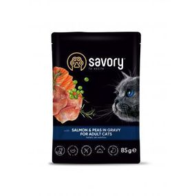 Вологий корм Savory для дорослих котів, лосось з горошком в соусі, пауч, 85 г